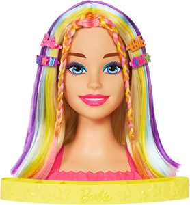 Giocattolo Barbie super chioma hairstyle capelli arcobaleno, testa pettinabile con capelli biondi e ciocche arcobaleno fluo Barbie
