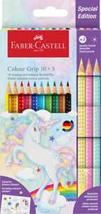 Cartoleria 10 matite colorate Colour Grip + 3 matite colorate Sparkle pastel, unicorno stickers Faber-Castell