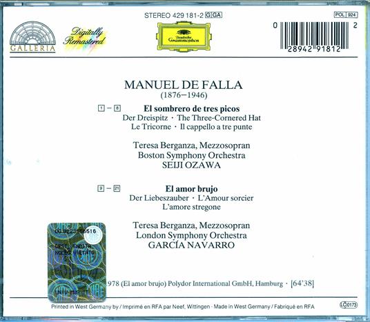Il cappello a tre punte (El sombrero de tres picos) - El amor brujo -  Manuel De Falla - CD | laFeltrinelli