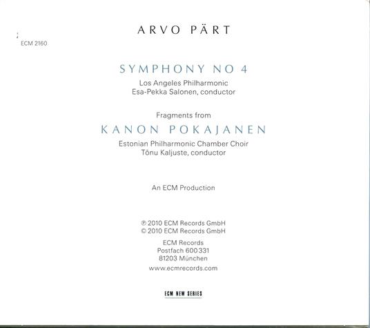 Sinfonia n.4 - Kanon Pokajanen - CD Audio di Arvo Pärt,Esa-Pekka Salonen,Los Angeles Philharmonic Orchestra - 2