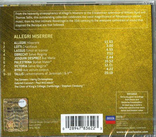 Miserere / Lamentations of Jeremiah & Other Renaissance Masterpieces - CD Audio di Gregorio Allegri,Tallis Scholars,The Sixteen - 2