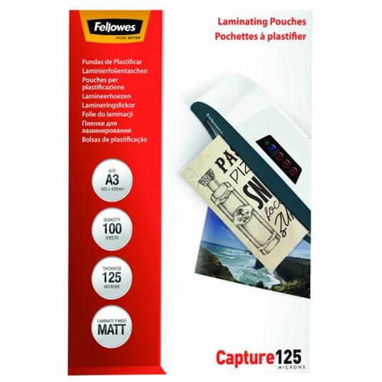 Pouches per plastificatrici Fellowes Standard Capture125 finitura opaca - 2x125 µm - A3 - Conf. 100 pezzi 5328601