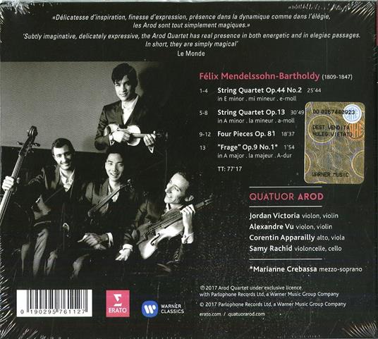 Quartetti op.13, op.44 n.2 - 4 Pezzi - Frage op.9 - CD Audio di Felix Mendelssohn-Bartholdy,Quatuor Arod - 2