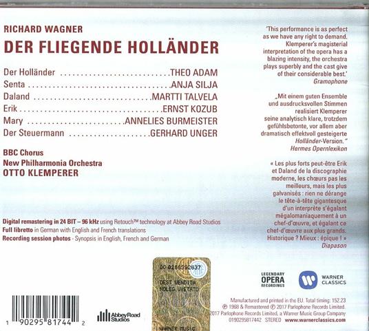 L'olandese volante (Der Fliegende Holländer) - CD Audio di Richard Wagner,Otto Klemperer,Theo Adam,New Philharmonia Orchestra - 2