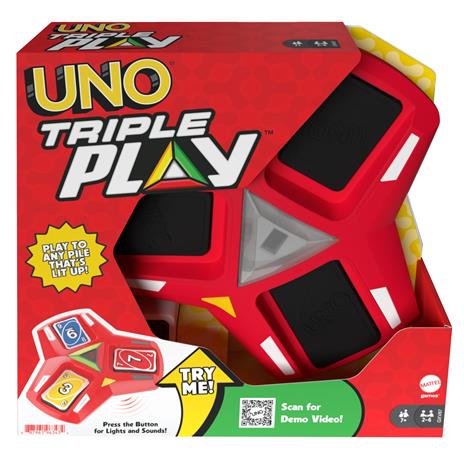 UNO Triple Play, Gioco di carte con porta-carte con luci e suoni e 112 carte, per tutta la Famiglia 7+ anni - 5