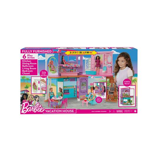 Barbie - Barbie Casa di Malibu 106 cm playset casa delle bambole con 2 piani, 6 stanze, ascensore altalena e più di 30 pezzi - 2