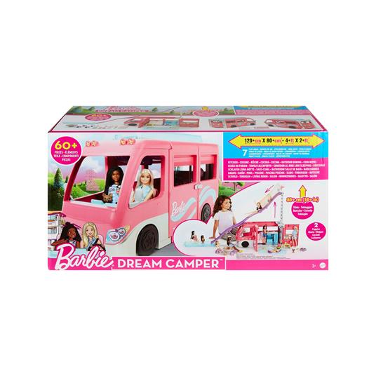 Barbie - Camper dei Sogni, Veicolo con Scivolo e Piscina e 7 Aree Gioco;  Alto 76 cm include 2 Cuccioli ed oltre 60 Accessori - Barbie - Bambole  Fashion - Giocattoli