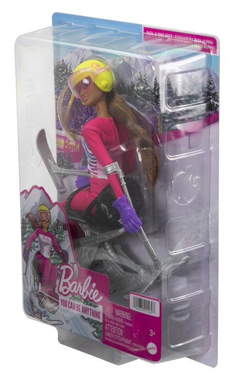 Barbie - Sport Invernali Sciatrice Paralimpica, Bambola Barbie Mora Alta 30,4 cm con Maglia, Pantaloni, Casco, Guanti, Palo, Monosci e Trofeo, Giocattolo per Bambini 3+ Anni, HCN33 - 6