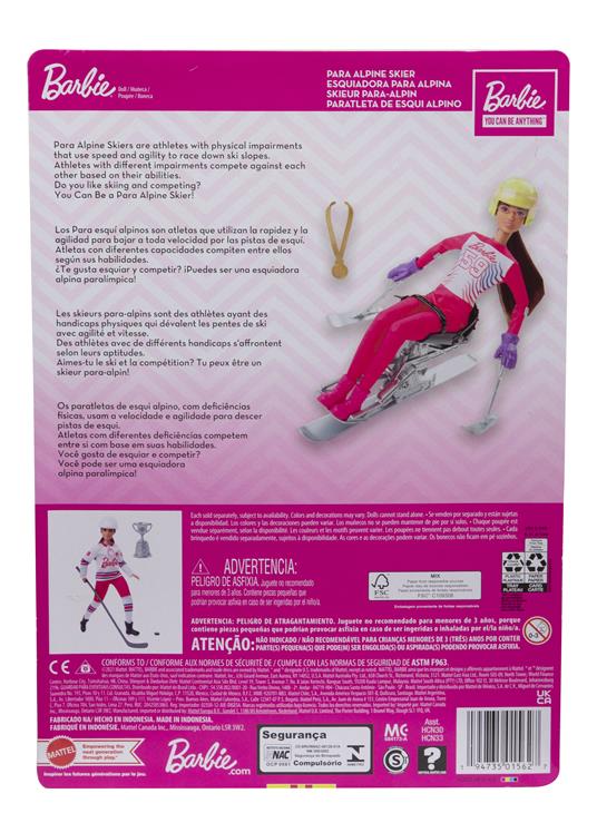 Barbie - Sport Invernali Sciatrice Paralimpica, Bambola Barbie Mora Alta 30,4 cm con Maglia, Pantaloni, Casco, Guanti, Palo, Monosci e Trofeo, Giocattolo per Bambini 3+ Anni, HCN33 - 10