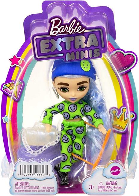 Barbie - Extra Minis Mini Bambola Articolata con Look Felpa e Pantaloni con  Emoji e Morbidi Capelli Blu Ghiaccio, Giocattolo pe
