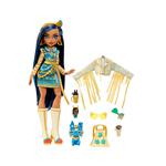 Monster high  cleo de nile, bambola snodata alla moda, dai capelli con ciocche blu, con accessori e cagnolino