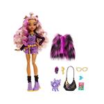 Monster high  clawdeen, bambola con accessori e gattino, snodata e alla moda con capelli con ciocche viola