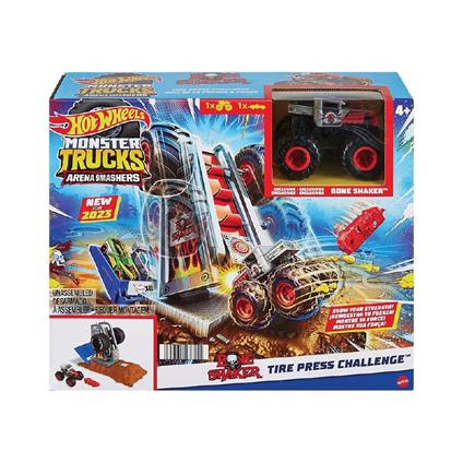 Hot Wheels - Monster Trucks Arena degli Scontri, TIRE PRESS CHALLENGE PLAYSET con Veicolo incluso