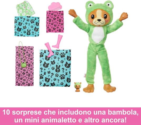 Barbie Cutie Reveal - Bambola con Costume di Peluche da Cagnolino-Rana e 10 Accessori a Sorpresa Cambia Colore - 3