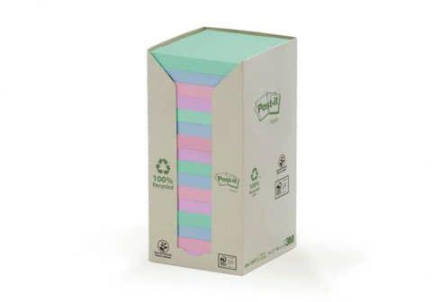 Foglietti Post-itÂ® Notes carta riciclata 76x76mm assort pastello Torre da 16 blocchetti da 100 ff – 654-1RPT