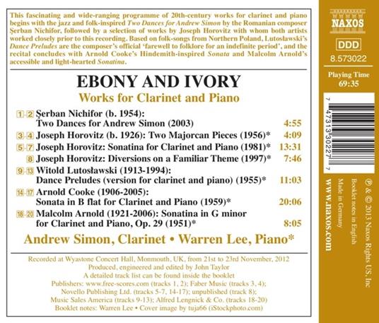 Ebony and Ivory. Musica per clarinetto e pianoforte - CD Audio di Warren Lee,Andrew Simon - 2