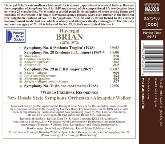 Sinfonie n.6, n.28, n.29 & n.31 - CD Audio di Havergal Brian,Russian State Symphony Orchestra - 2