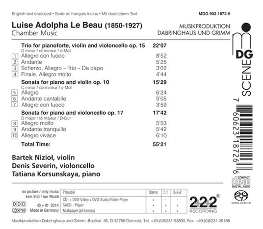 Opere cameristiche - SuperAudio CD ibrido di Luise Adolpha Le Beau,Bartek Niziol,Denis Severin,Tatiana Korsunskaya - 2