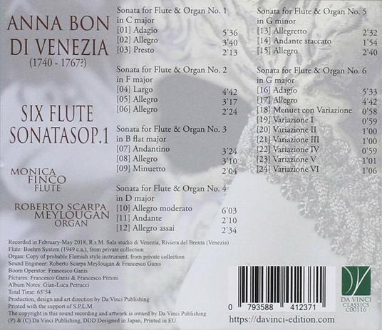 6 Sonate per flauto vol.1 - CD Audio di Anna Bon di Venezia,Monica Finco - 2