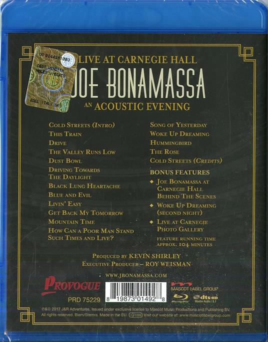 Live at Carnegie Hall. An Acoustic Evening (Blu-ray) - Blu-ray di Joe Bonamassa - 2