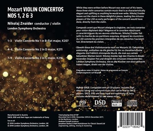 Concerto per violino n.1, n.2, n.3 - SuperAudio CD di Wolfgang Amadeus Mozart,London Symphony Orchestra - 2