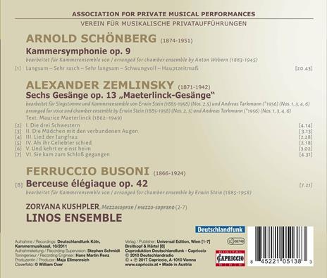 Sinfonia da camera n.1 op.9 / Berceuse élégiaque / Songs to poems by Maurice Maeterlinck - CD Audio di Arnold Schönberg,Alexander Von Zemlinsky,Ferruccio Busoni,Linos Ensemble - 2