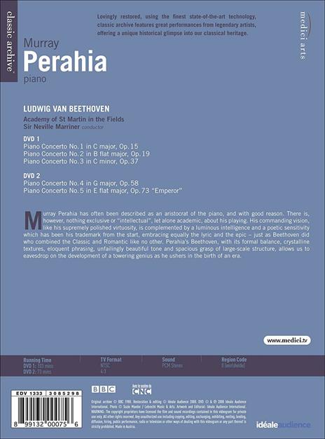 Ludwig van Beethoven. Concerti per pianoforte. Murray Perahia (2 DVD) - DVD di Ludwig van Beethoven,Murray Perahia,Neville Marriner,Academy of St. Martin in the Fields - 2