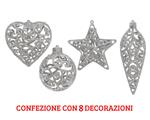 8 Decorazioni Appendibili Con Glitter Argento Forme Assortite Addobbi Natalizi