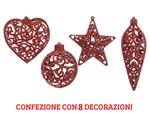 8 Decorazioni Appendibili Con Glitter Rossi Forme Assortite Addobbi