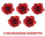 5 Decorazioni Rose Appendibili Con Clips 14 Cm Con Glitter Rosso Natale Addobbi