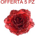 Offerta 5 Rose Glitter Con Clip 14x8,5cm Rosso Addobbi Albero Natale