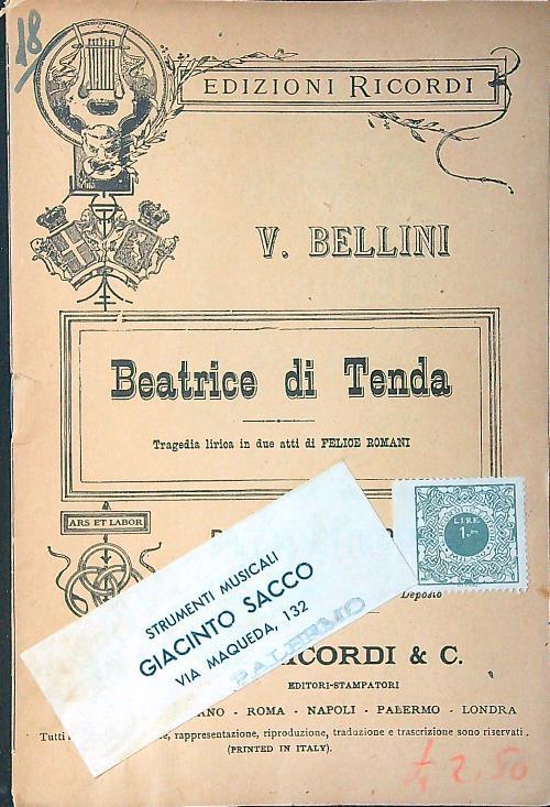 Beatrice di Tenda. Tragedia lirica in due atti di Felice Romani - V. Bellini - copertina