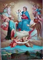 Madonna Assunta con angeli e Vescovo. Al di sotto panorama con città