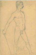Nudo maschile a figura intera con bastone, a gambe aperte