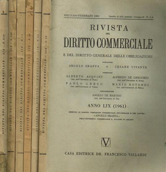 Rivista Del Diritto Commerciale E Del Diritto Generale Delle Obbligazioni  Anno Lix - Libro Usato - Vallardi A. 