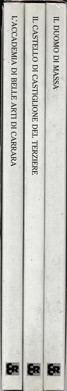 Cofanetto della cassa di Risparmio di Carrara contenente tre monografie: il duomo di Massa il castello di Castiglione del Terziere l'accademia di Belle Arti di Carrara