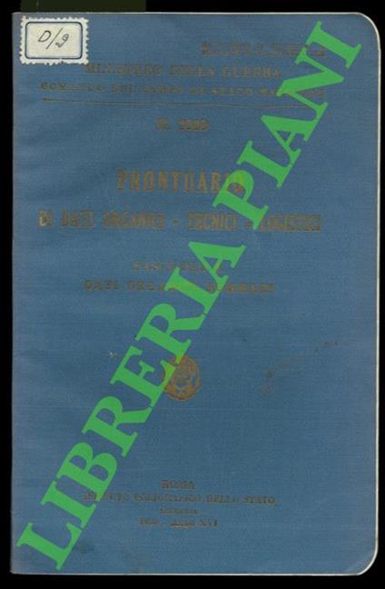 Prontuario di dati Organici - Tecnici - Logistici. Fascicolo II. Dati organici sommari - copertina