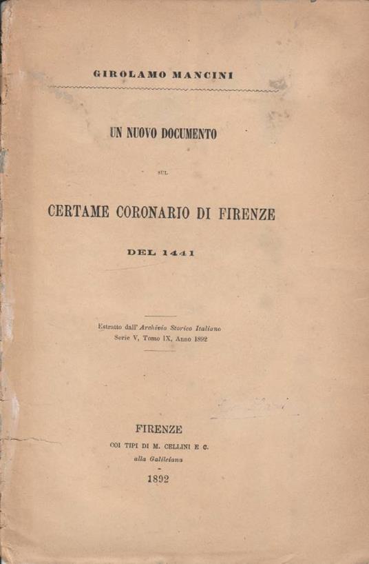 Un nuovo documento sul certame coronario di Firenze del 1441 - Girolamo Mancini - copertina