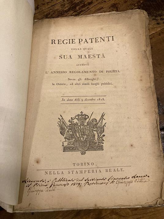 Regie patenti colle quali sua maestà approva l' annesso regolamento di Polizia sovra gli Alberghi, le Osterie ed altri simili luoghi pubblici - Vittorio Eman - copertina