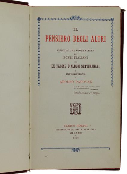 Il Pensiero Degli Altri. Spigolature Giornaliere Dai Poeti Italiani Con Le Pagine D'Album Settimanali E Introduzione - Adolfo Padovan - copertina