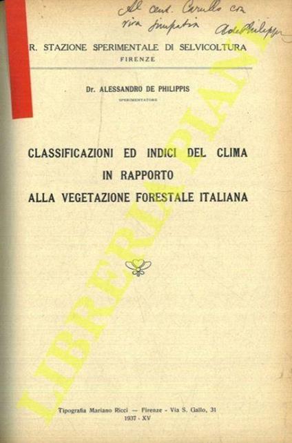 Classificazioni ed indici del clima in rapporto alla vegetazione forestale italiana - Alessandro De Philippis - copertina