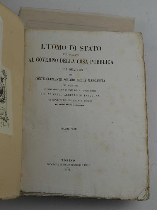 L' Uomo di Stato indirizzato al governo della Cosa Pubblica. Libri quattro - Clemente Solaro della Margarita - copertina