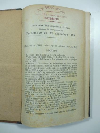 Testo unico delle disposizioni di legge emanate in conseguenza del terremoto del 28 dicembre 1908 - copertina