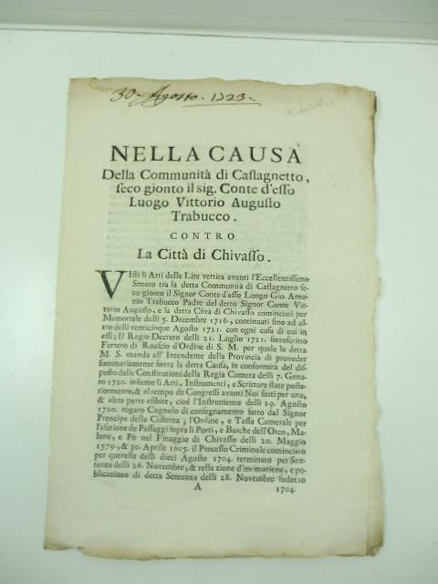 Nella causa della comunita' di Castagnetto seco gionto il sig. Conte d'esso luogo Vittorio Augusto Trabucco contra la citta' di Chivasso - copertina