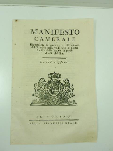 Manifesto camerale riguardante la vendita e distribuzione del tabacco nella Valle Sesia ai prezzi stabiliti dalla tariffa in piede d'esso stabilita. In data delli 17 agosto 1761 - copertina