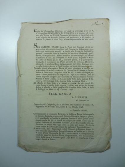 Copia del benignissimo rescritto col quale la clemenza di S.A.R. il Granduca di Toscana si e' degnata di concedere alla Banca dei Pubblici Pagamenti di Livorno la facolta' di aprire ed eseguire la Lotteria.. - copertina