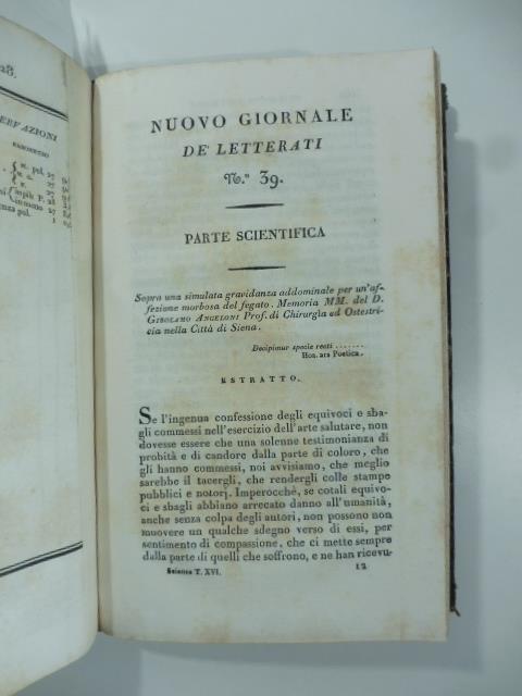 Sopra una simulata gravidanza addominale per un'affezione morbosa del fegato. Memoria MM del D. Girolamo Andreoni...Siena. (Stralcio da: Nuovo giornale de' letterati. N. 39. 1828) - copertina