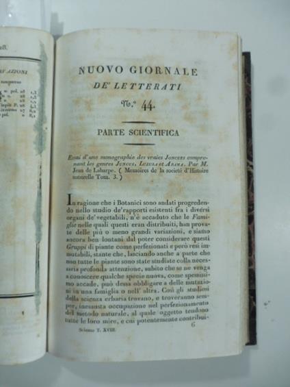 Essai d'une monographie des vraies Joncees comprenant les genres Juncus, Lazula et Abama. Par M. Jean Laharpe. (Stralcio da: Nuovo giornale de' letterati. N. 44. 1829) - copertina