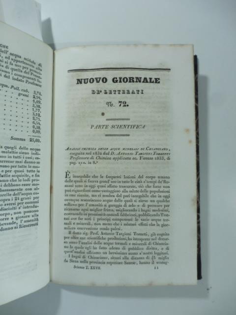 Analisi chimica delle acque minerali di Chianciano eseguita nel 1832 dal D. A. Targioni Tozzetti...Firenze, 1833. (Stralcio da: Nuovo giornale de' letterati. N. 72. 1833) - copertina