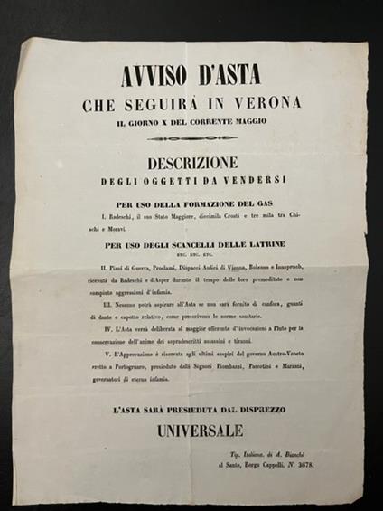 Avviso d'Asta che seguira' in Verona il giorno X del corrente maggio. (Foglio satirico risorgimentale) - copertina